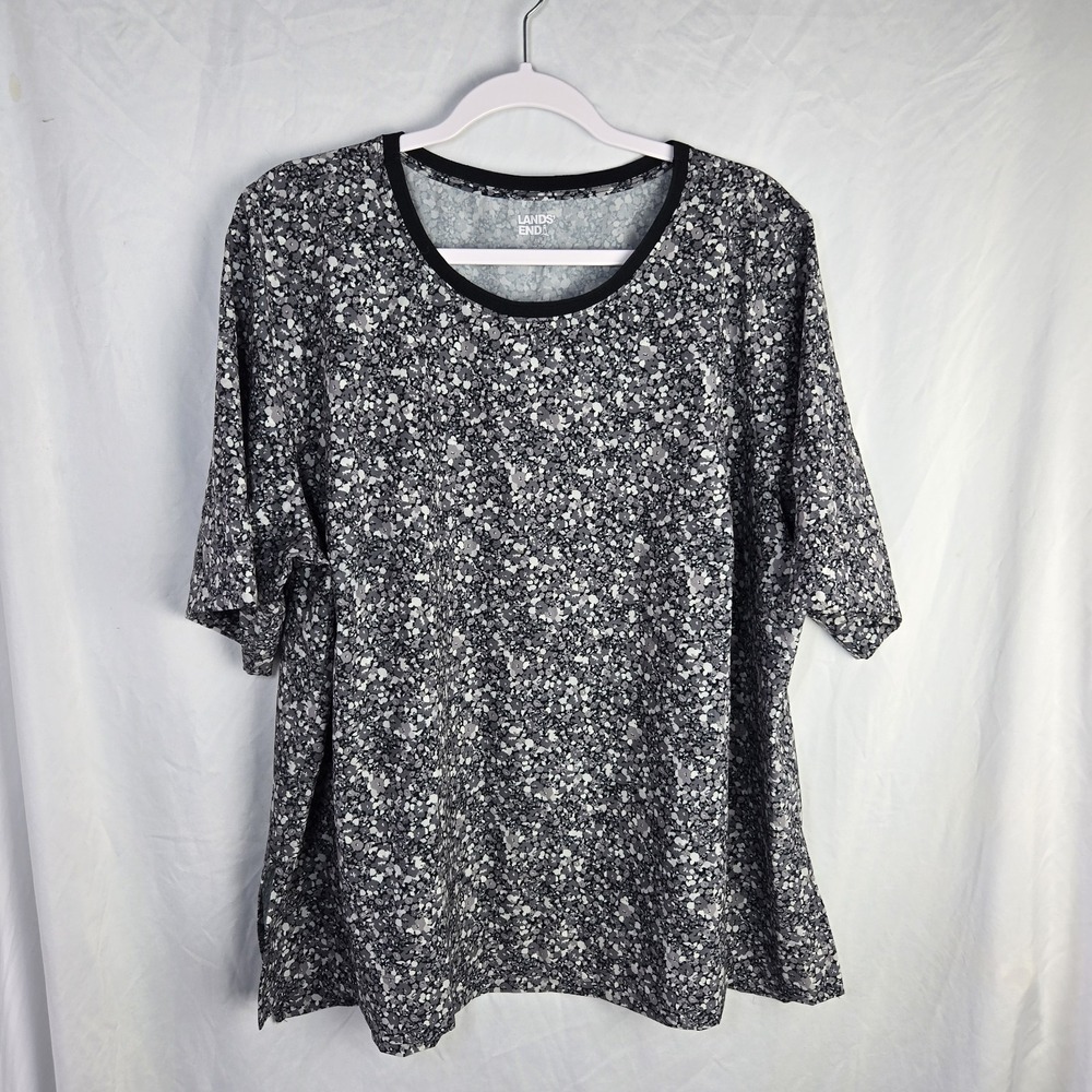 Lands End Ditzy Floral Shirt Womens 1X Lightweight Jersey Gray Neutral Stretch